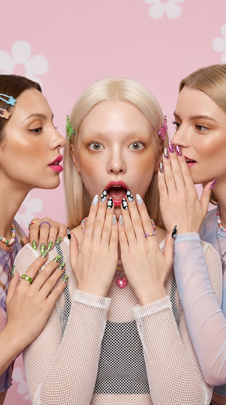 Three women with stylized nails and accessories against a pink background
