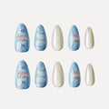 Almond-shaped false nails from the "Blue Frequency" (Park Select) collection, arranged in two rows of five. The set features blue bases with pink bow accents and silver details, blue bases with silver chain patterns, and shimmery pale pink/white solid finishes, showcasing varied nail art designs for application.