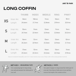 LOST in PARK Long Coffin size chart showing XS to L options with inner arc and length in mm for each finger. Includes two measurement methods (tape & paper strip).