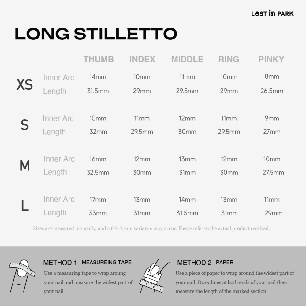 Long Stiletto press-on nail size guide showing XS to L measurements for thumb, index, middle, ring, and pinky nails