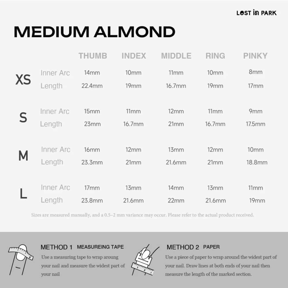 Medium almond press-on nail size chart with XS, S, M, and L measurements