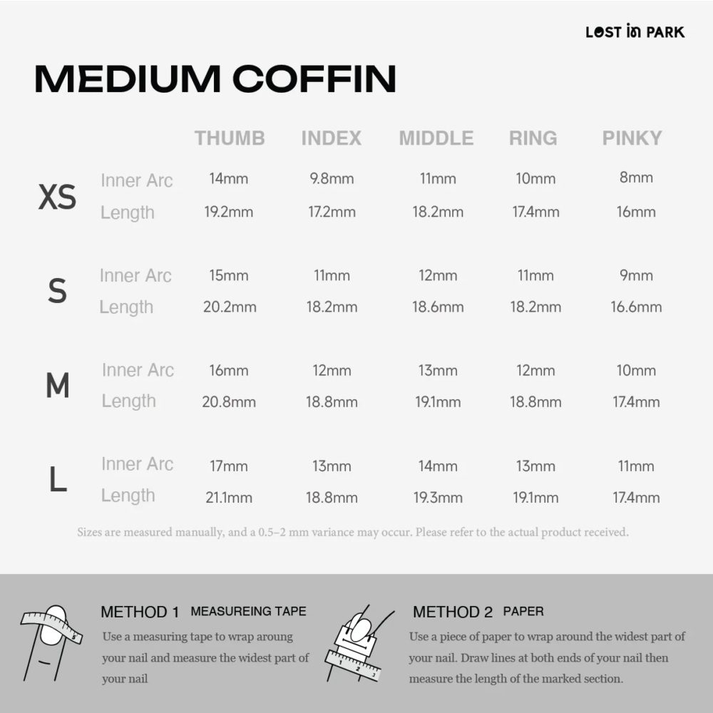 Medium coffin nail size guide chart with arc and length measurements from XS to L