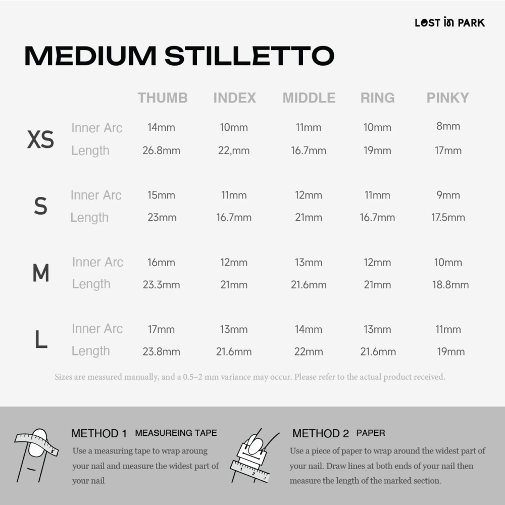 Medium Stiletto press-on nail size chart with inner arc and length measurements for XS to L