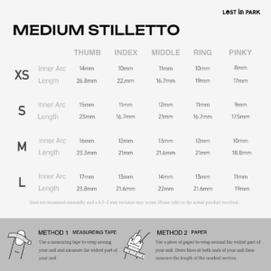 Medium Stiletto press-on nail size chart with inner arc and length measurements for XS to L
