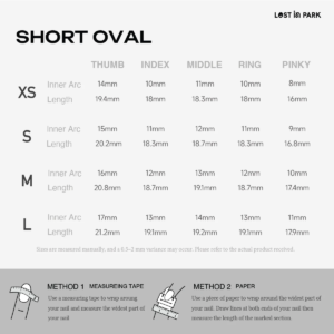 Size chart for LOST in PARK short oval press-on nails showing inner arc and length measurements for XS to L sizes.