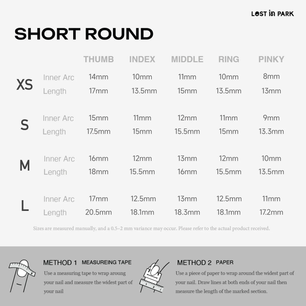 Size guide chart for short round press-on nails by LOST in PARK, with inner arc width and nail length for XS to L.