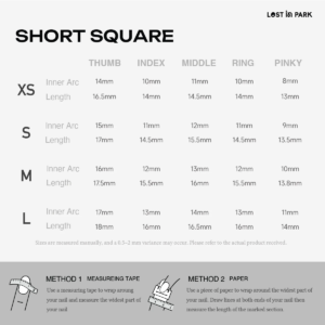 Short square press-on nail size guide with measurements and fitting methods