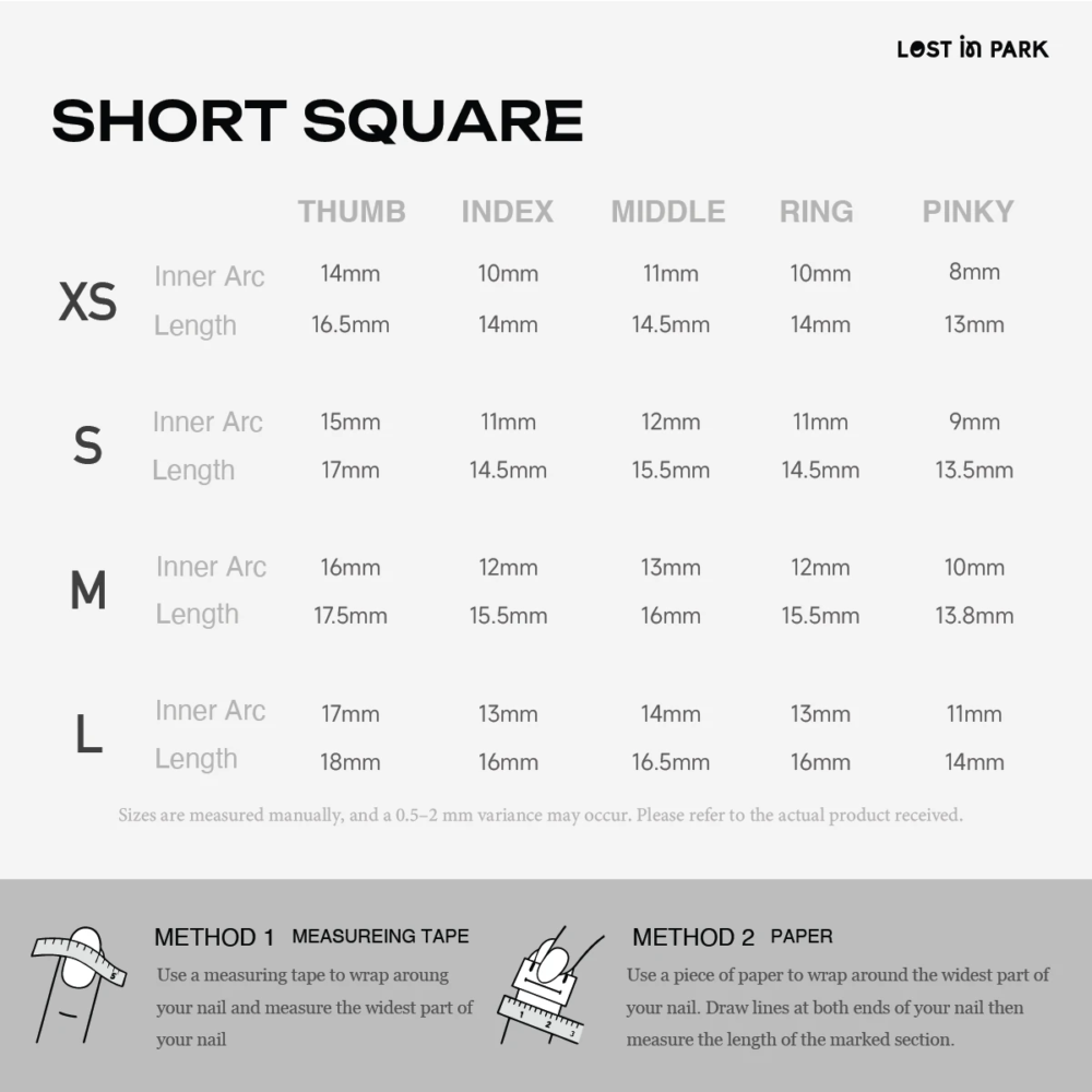 LOST in PARK short square press-on nail size guide showing XS to L measurements, including inner arc width and nail length for thumb, index, middle, ring, and pinky.