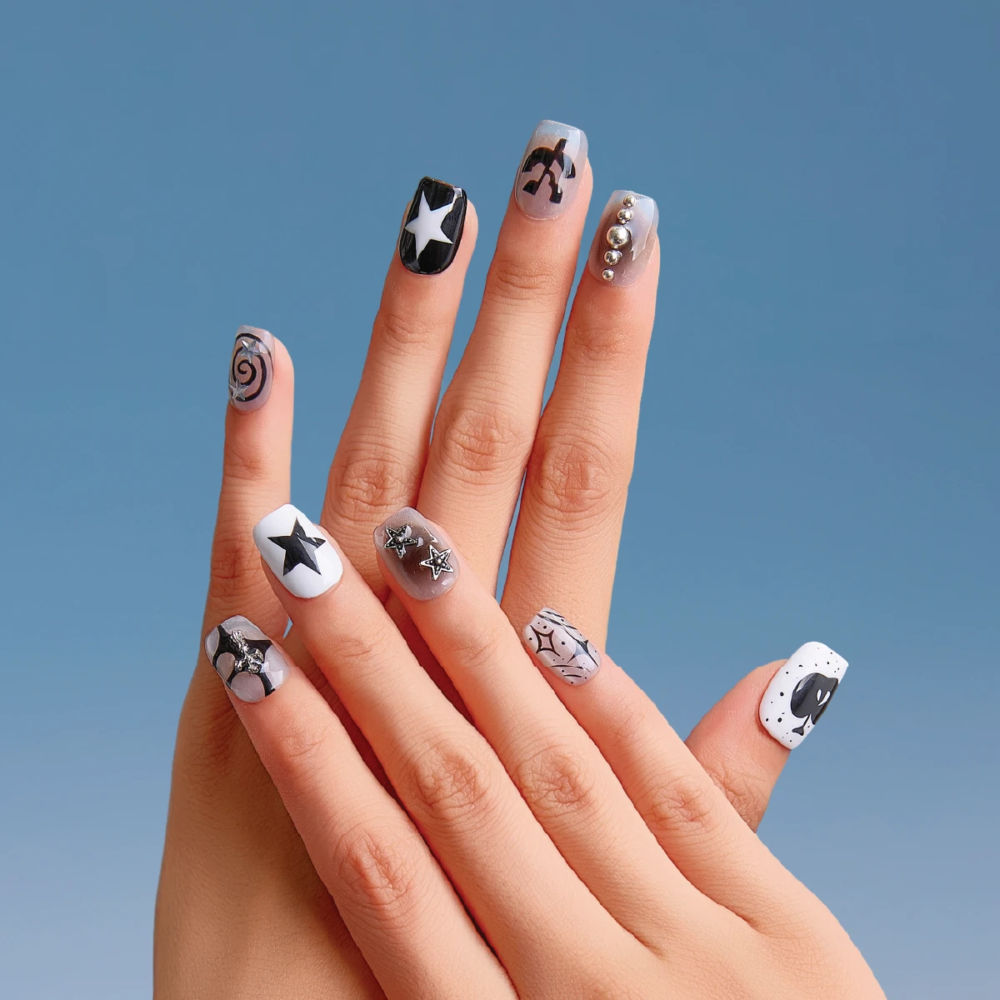 Full set of Astro Courier short square press-on nails featuring monochrome stars, abstract graphics, metallic studs, and chrome details.