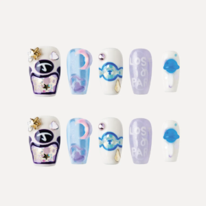 Blue Lollipop press-on nail set displayed flat, featuring candy motifs, pastel colors, and 3D embellishments.