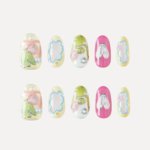 Bubblegum Heart short oval press-on nail set featuring pastel birds, florals, pearls, and candy-inspired 3D designs displayed on a white background.