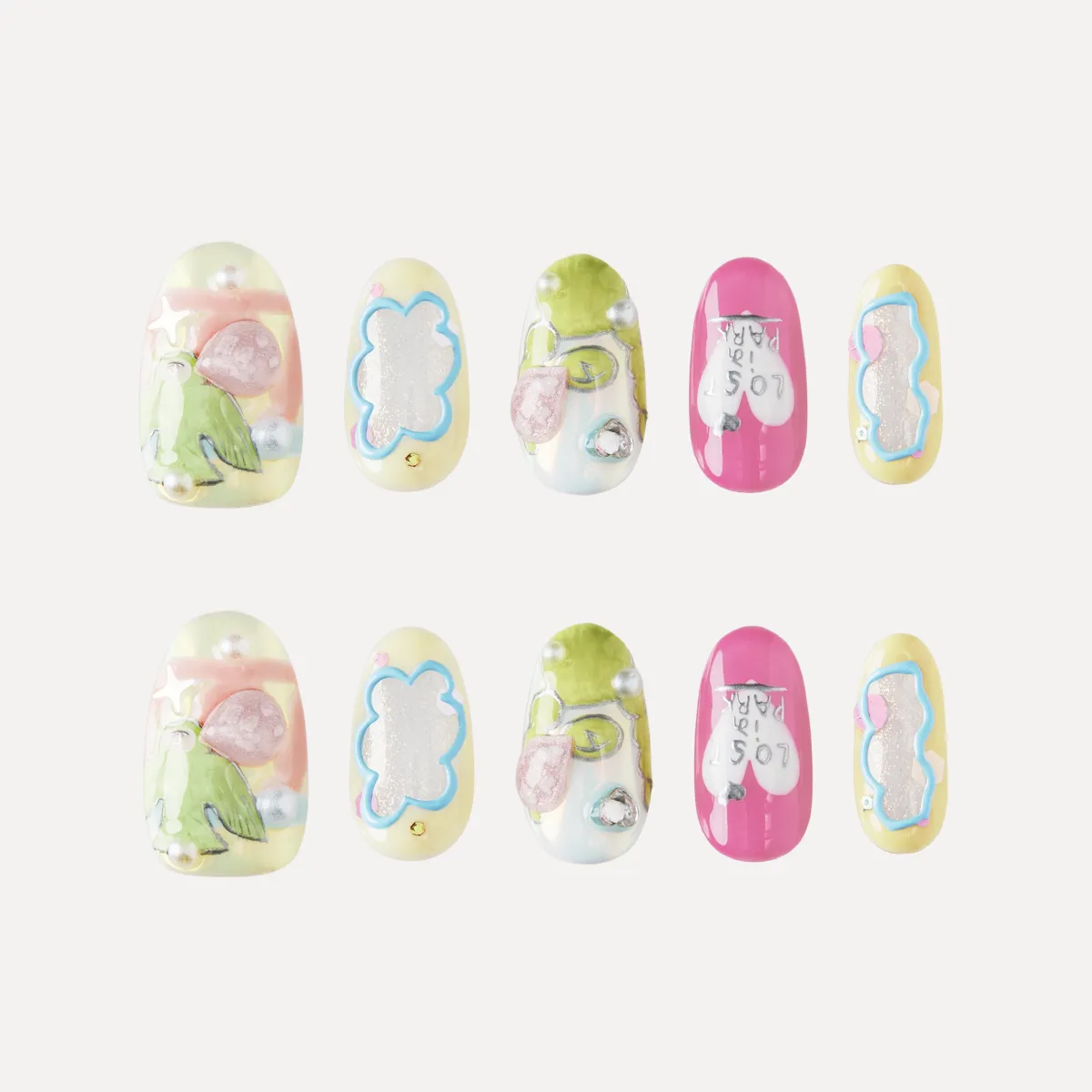 Bubblegum Heart short oval press-on nail set featuring pastel birds, florals, pearls, and candy-inspired 3D designs displayed on a white background.