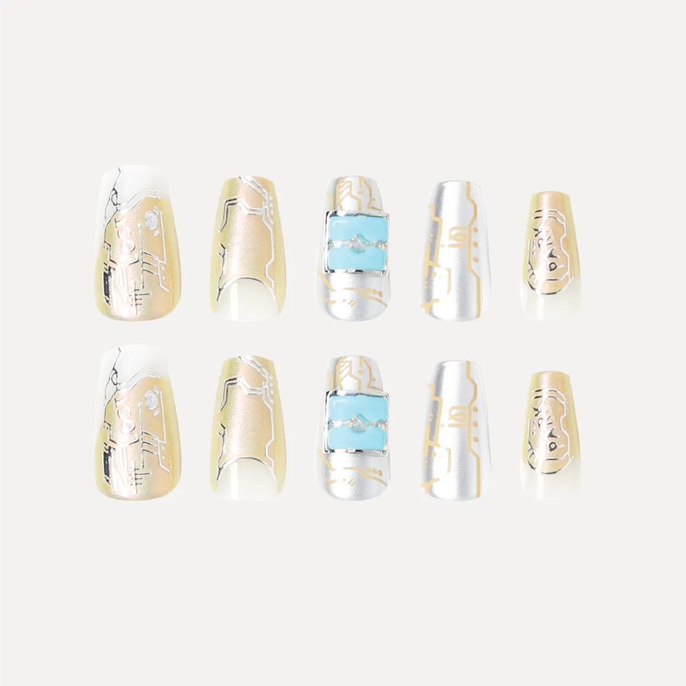 product_lost-in-park-Digital-Galaxy-press-on-nails 82 Full flat-lay display of Digital Galaxy press-on nails in silver, gold, and blue digital panel designs
