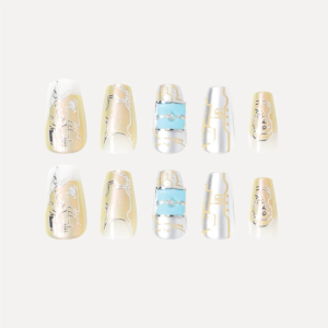 Full flat-lay display of Digital Galaxy press-on nails in silver, gold, and blue digital panel designs