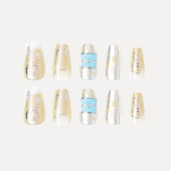 Full flat-lay display of Digital Galaxy press-on nails in silver, gold, and blue digital panel designs