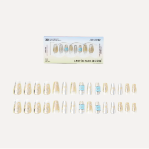 Digital Galaxy press-on nail set with packaging and 30 nails arranged in metallic and blue tech-inspired designs