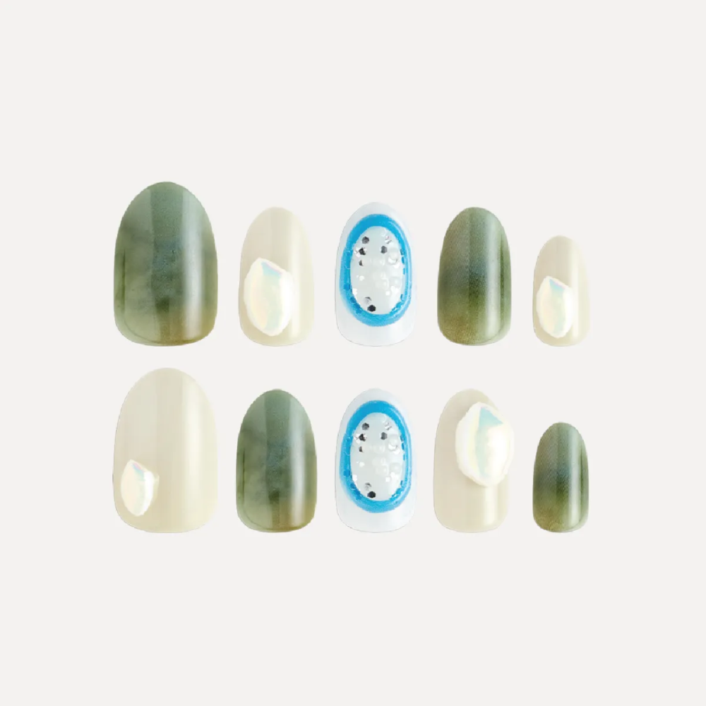 Full set of Emerald Lake press-on nails with green gradient, nude pearl, and blue jelly oval designs