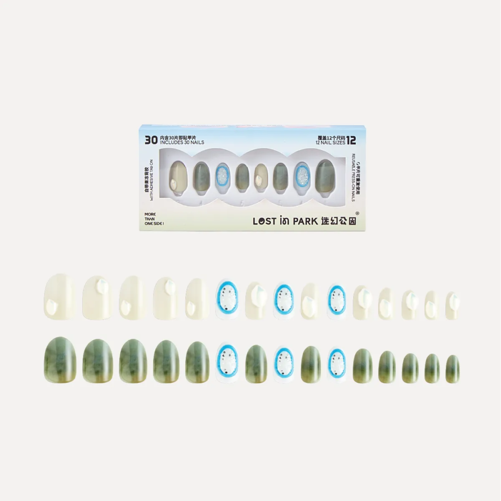 Emerald Lake press-on nail set with packaging and 30 nails arranged in assorted gradient and jelly styles
