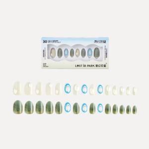 Emerald Lake press-on nail set with packaging and 30 nails arranged in assorted gradient and jelly styles