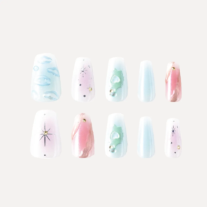 Full set of galaxy-inspired press-on nails in pink, blue, and white with star and pearl embellishments