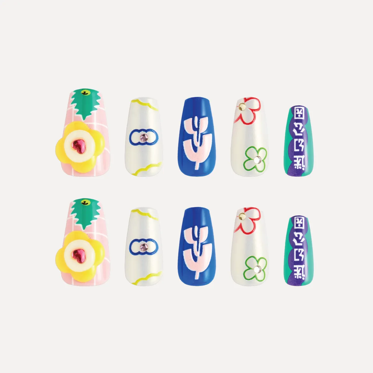 Full set of Flower Bazaar press-on nails arranged in two rows with floral and graphic patterns