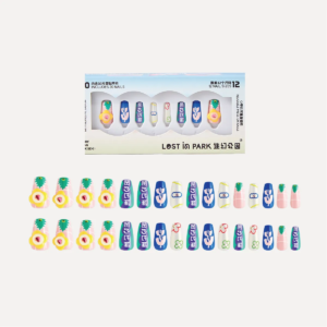 Flower Bazaar press-on nail set with packaging and 30-nail layout in assorted floral and graphic designs