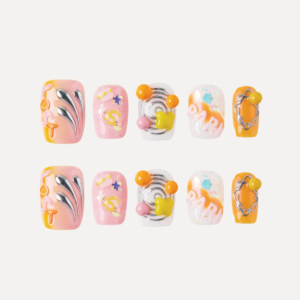 Flatlay of Lost in Park Honey Melody press-on nail set featuring 10 unique 3D candy-inspired designs in pink, white, orange, and silver with embellishments.