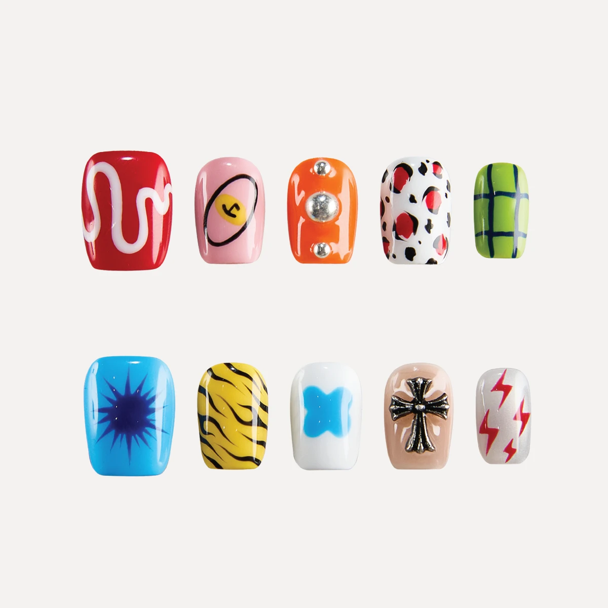 Set of 10 short square press-on nails in bright, mix-and-match graphic designs