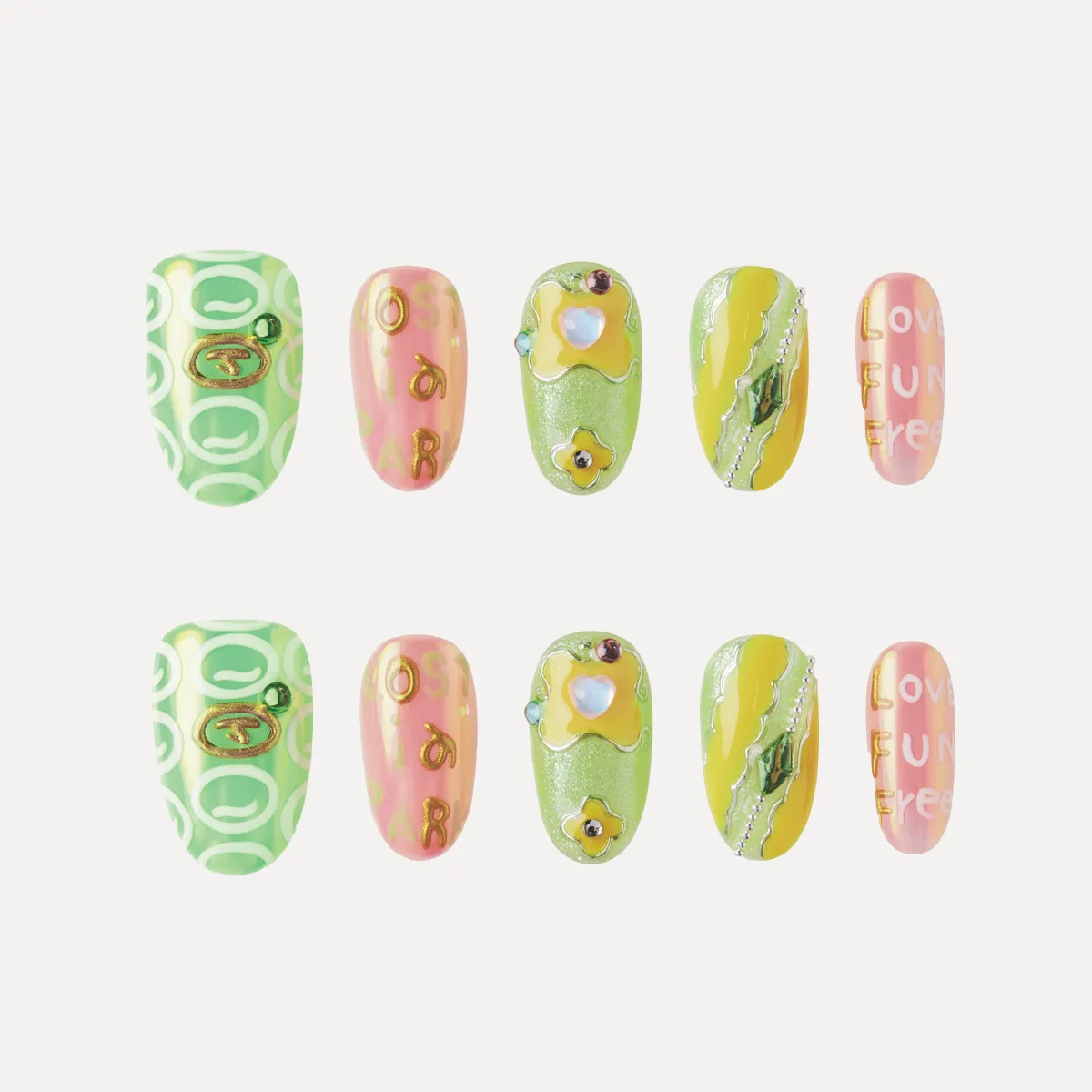 Top-down view of a 10-piece LOST in PARK press-on nail set with vibrant green, yellow, and pink colors, featuring 3D charms and playful patterns.