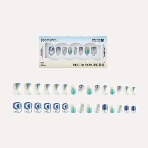 Packaging and full 30-piece press-on nail set in Moonlit Night theme by LOST in PARK