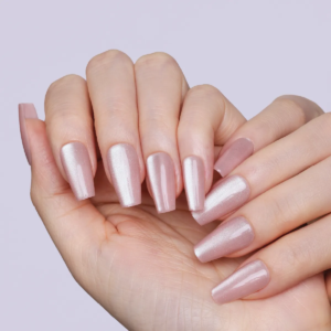 Side view of model hand wearing pink shimmer Pearl Glass press-on nails by LOST in PARK