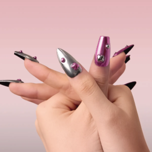 Top view of both hands showing full Sugar Armor nail set in silver and candy pink chrome