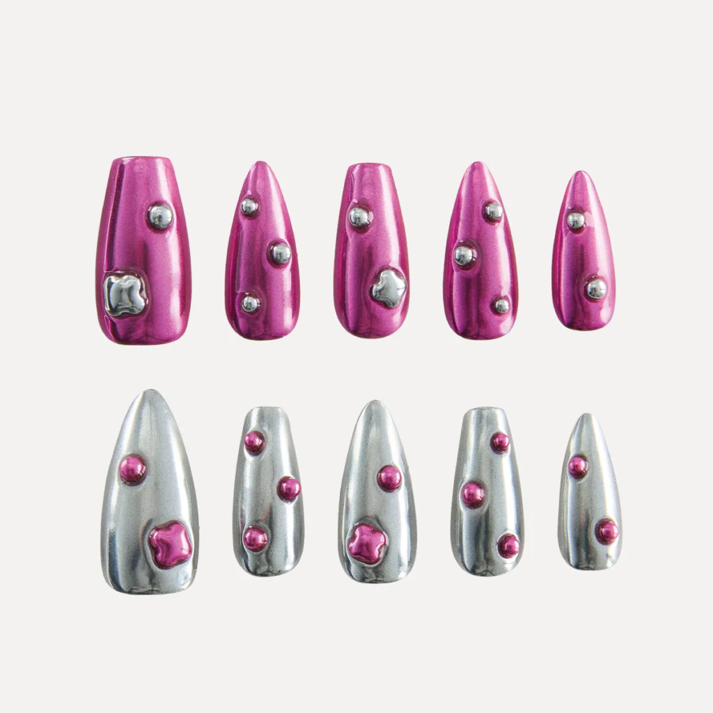 Ten-piece Sugar Armor press-on nail set in metallic pink and silver with bubble-like accents