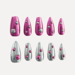 Ten-piece Sugar Armor press-on nail set in metallic pink and silver with bubble-like accents