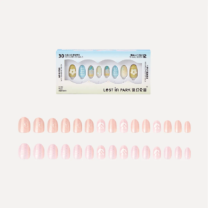 Full 30-piece LOST in PARK press-on nail set in packaging, showing various pastel plaid and shimmer designs.