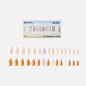 30-piece press-on nail set in almond shape with gold, pearlescent white, and pink grid designs, packaged in LOST in PARK’s signature box.