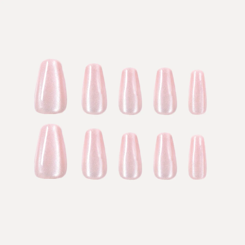 Top view of 10 LOST in PARK Pearl Glass press-on nails with iridescent pink gloss, displayed by size