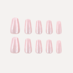 Top view of 10 LOST in PARK Pearl Glass press-on nails with iridescent pink gloss, displayed by size