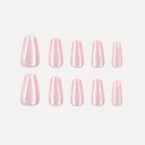 Top view of 10 LOST in PARK Pearl Glass press-on nails with iridescent pink gloss, displayed by size
