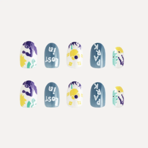 Flat lay of Day Dreaming press-on nail tips featuring blue lettering, yellow florals, and abstract purple and green illustrations