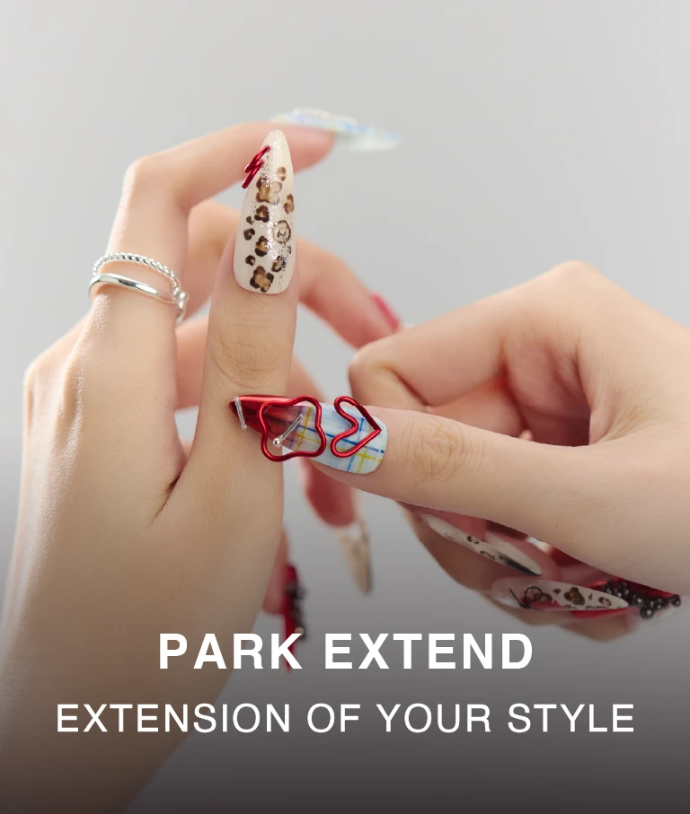 Y2K press-on nails with red 3D heart and leopard print design