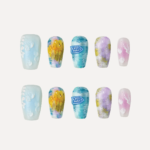 Medium coffin press-on nail set with abstract pastel designs arranged individually on white background