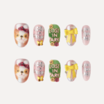 Short oval press on nails full set layout with mixed playful designs