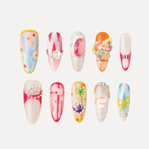 Rainbow Darling long oval press on nails set with colorful pastel designs and 3D accents