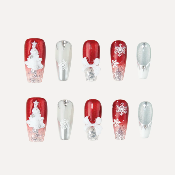 Medium coffin red silver Christmas press on nail design set