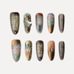 Shadows of Stone press-on nails inspired by architectural textures, gemstone accents, and earthy tones