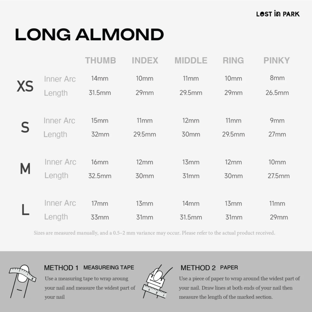 Long almond press on nails size guide with inner arc and length measurements for XS S M L