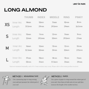 Long almond press on nails size guide with inner arc and length measurements for XS S M L