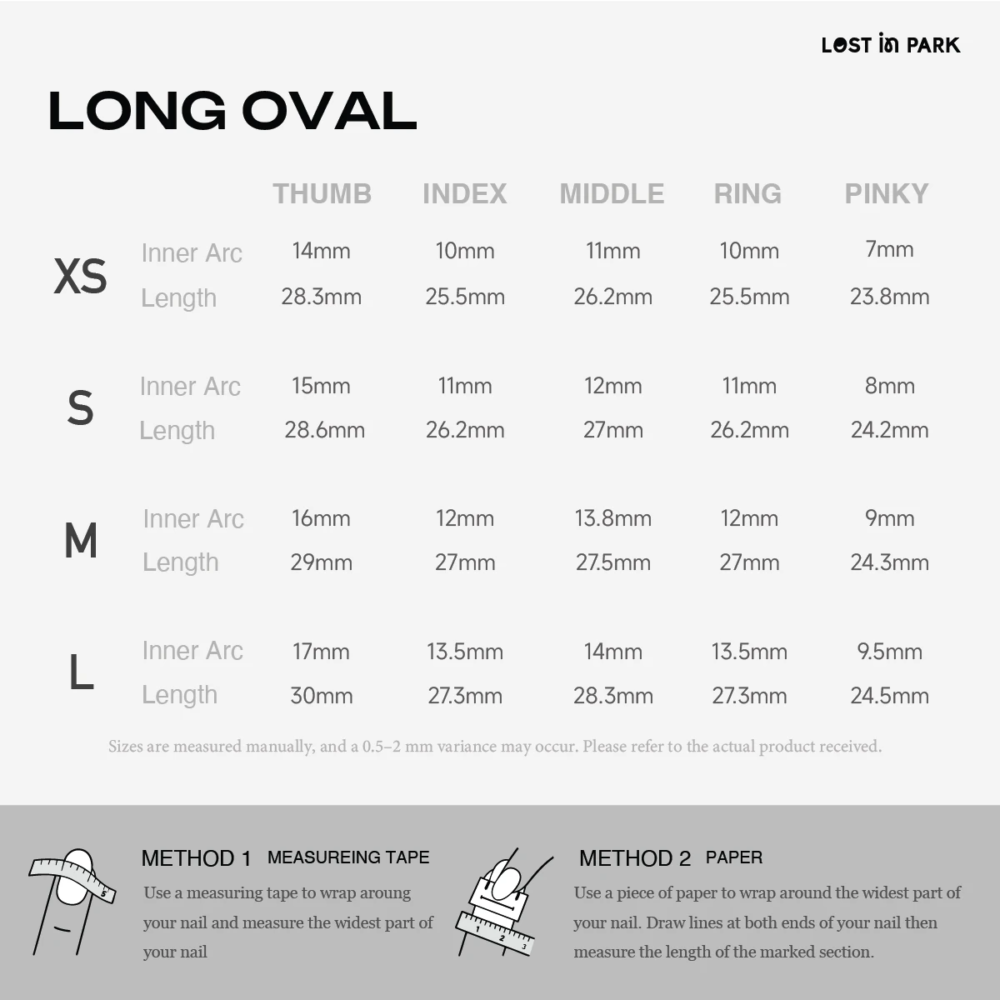 Long oval press on nails size guide showing XS S M L measurements for thumb index middle ring and pinky