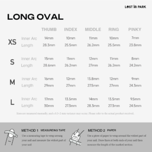 Long oval press on nails size guide showing XS S M L measurements for thumb index middle ring and pinky